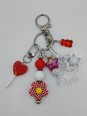 Handcrafted Red & White Floral Beaded Keychain & Bag Charm